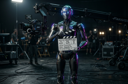 Un robot futurista manejando equipo de cine, representando el impacto de la inteligencia artificial en la producción audiovisual.