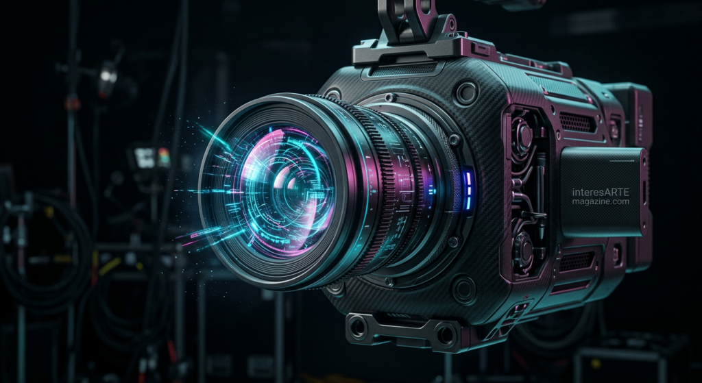 Fotografía en primer plano de una cámara de cine futurista con destellos digitales de neón en su lente, simbolizando el uso de la inteligencia artificial en la producción audiovisual dentro de un set de rodaje.