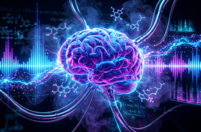 Composición abstracta que entrelaza notas musicales y fórmulas químicas, representando la conexión entre neurociencia y música.